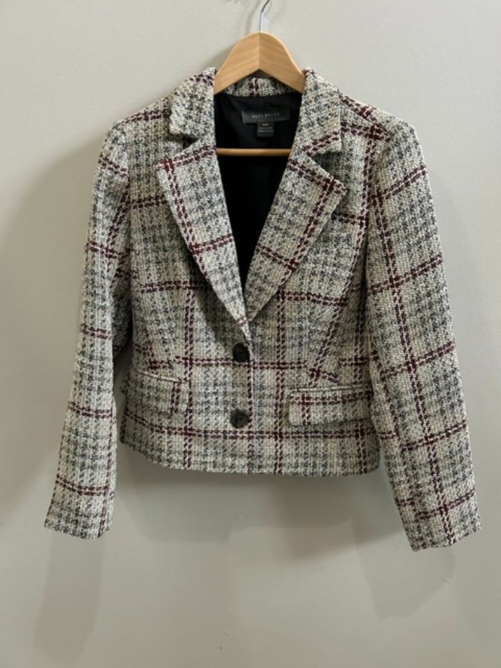 Suzy Shier Tweed Plaid Blazer Cropped Burgundy Cream New Without Tags M